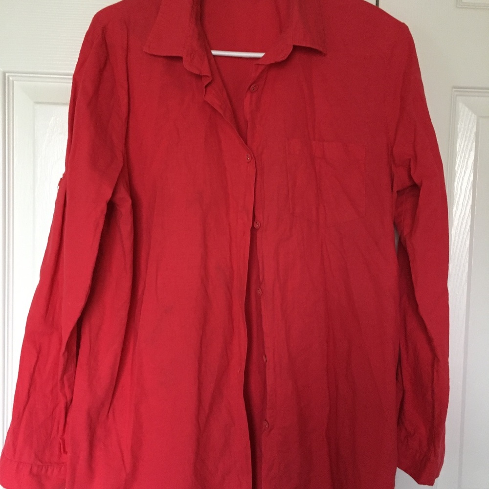 Red Linen Blouse High Low Shirt Roll-Up Sleeve Top size medium
